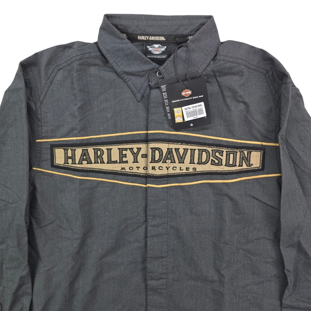 Harley-Davidson Woven Shirt Mens Large Gray Long Sleeve Embroidered Biker Snap - Picture 3 of 9